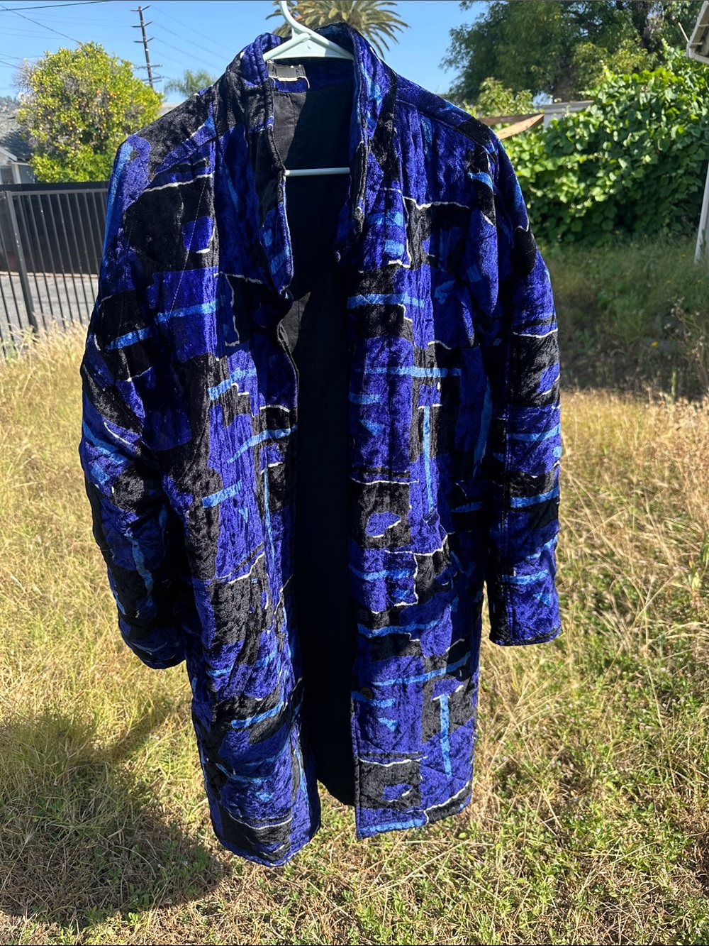 Vintage 90s Women's Royal Blue & Black Velvet Patterned Trench